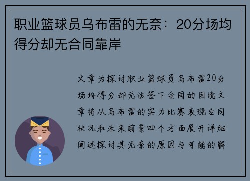 职业篮球员乌布雷的无奈：20分场均得分却无合同靠岸